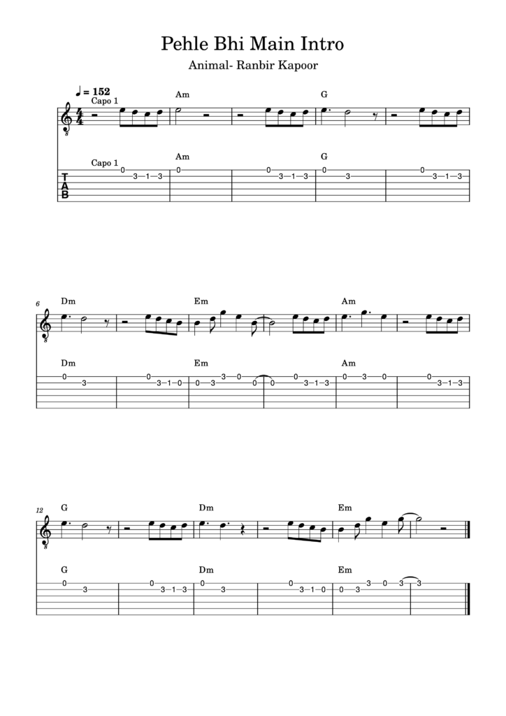 Guitar Intro Sheet Music For Song Pehle Bhi main From Animal movie